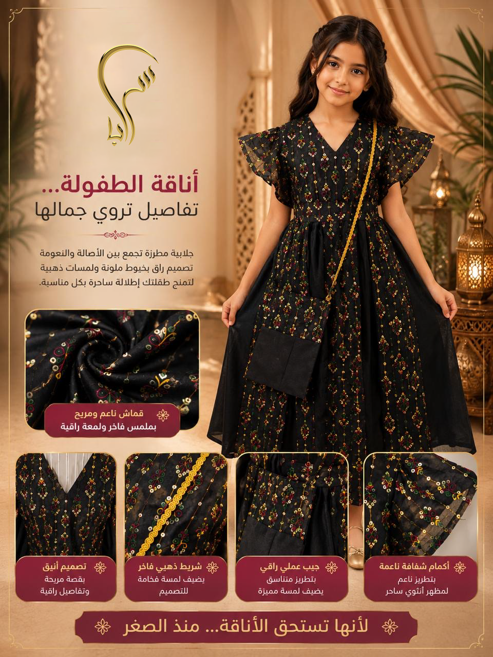 Black Kids Dress with Gold details & Bag