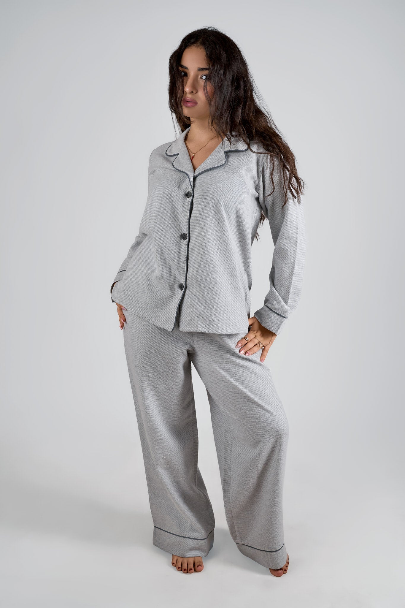 Soft Ash Grey Piped Pajama Set