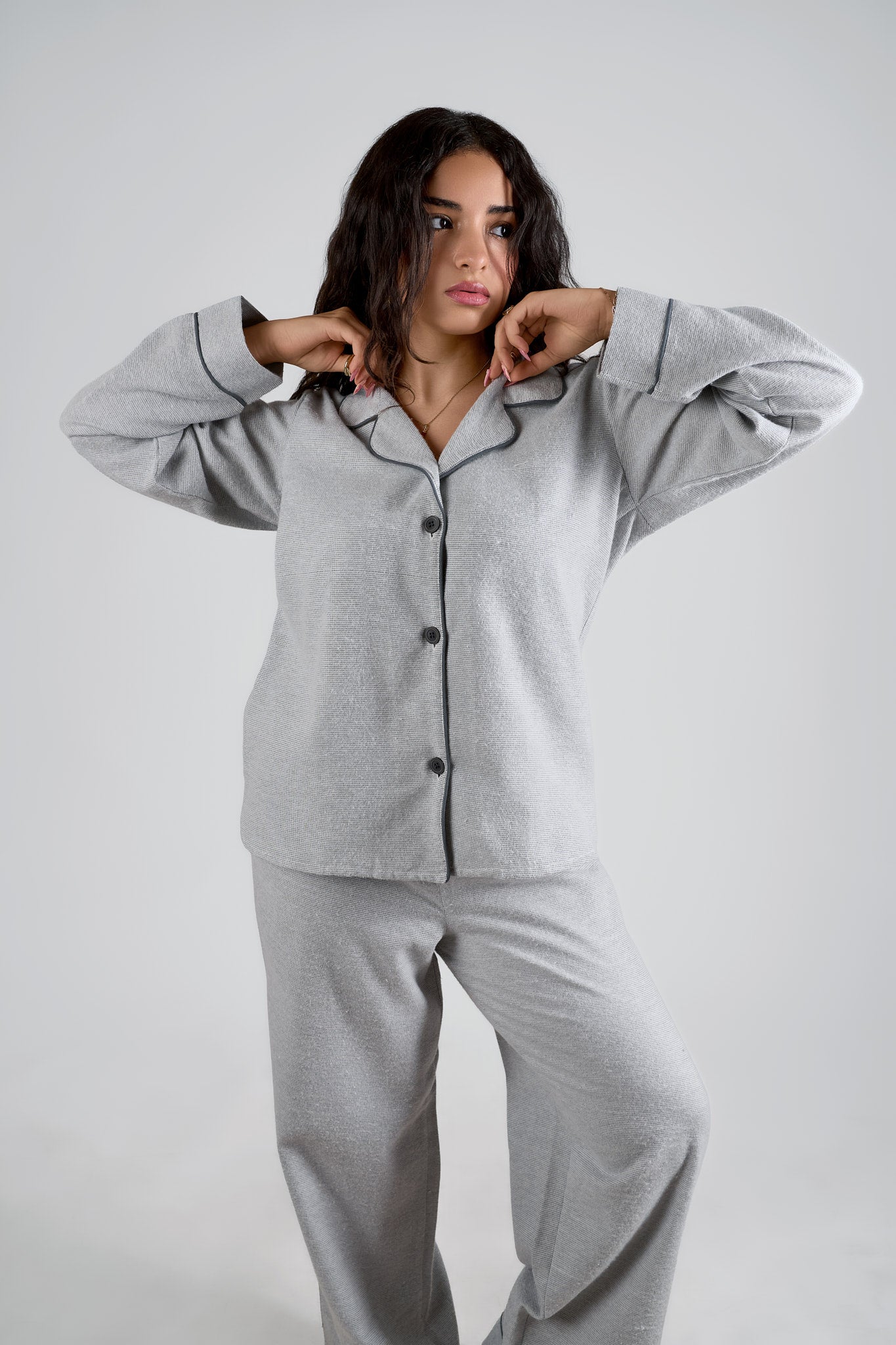 Soft Ash Grey Piped Pajama Set