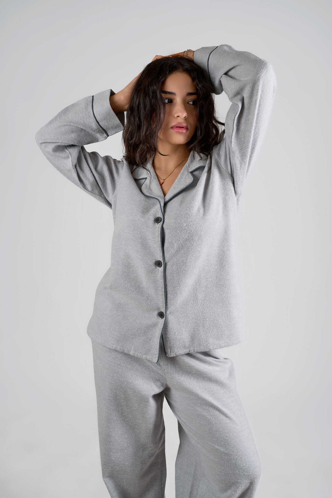 Soft Ash Grey Piped Pajama Set