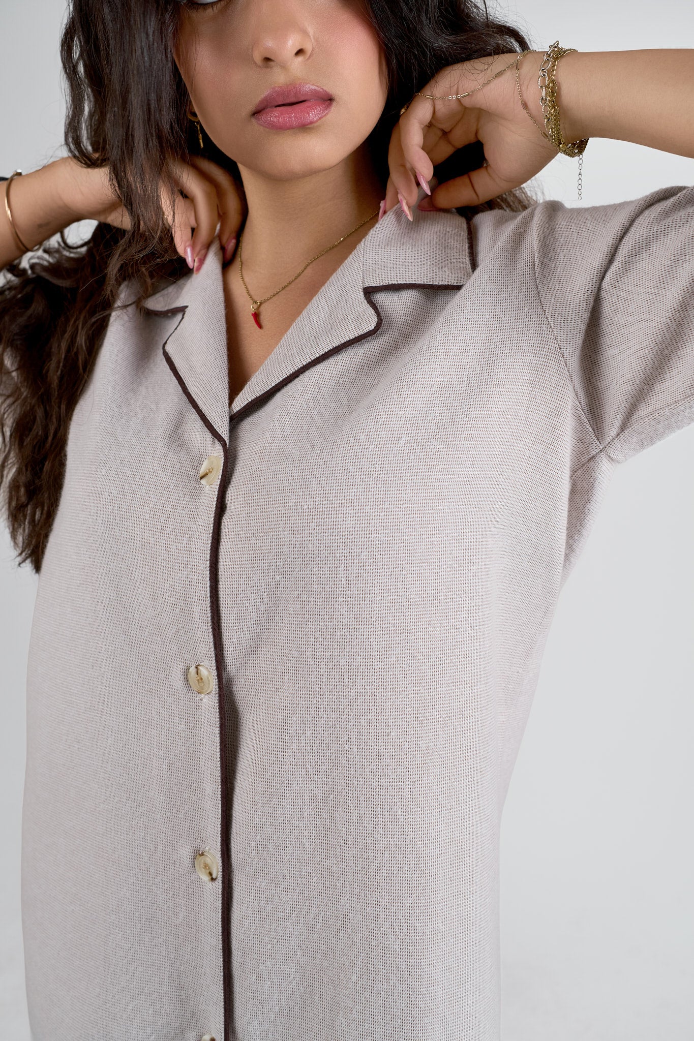 Sand Beige Button-Down Night Dress