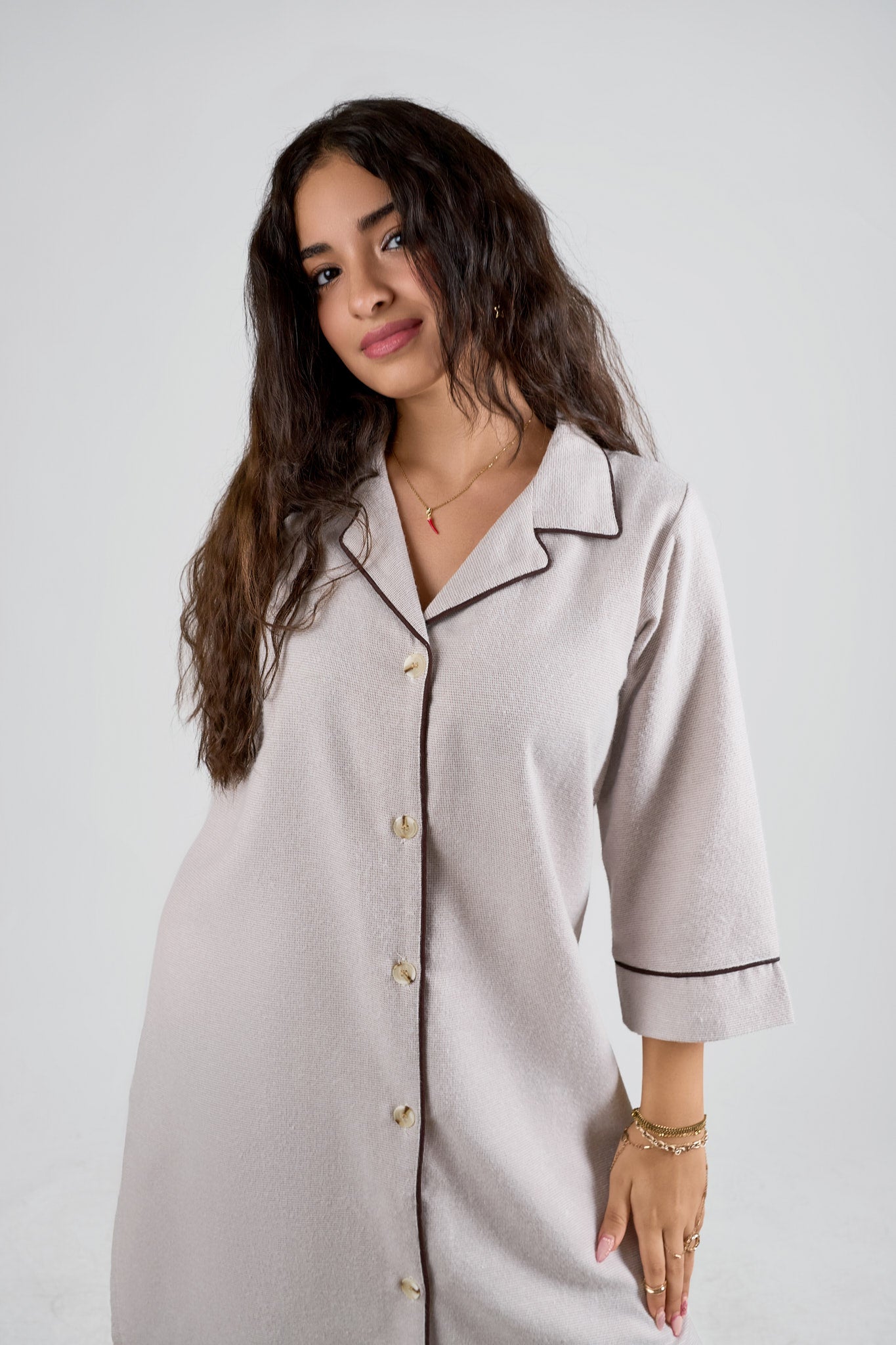 Sand Beige Button-Down Night Dress