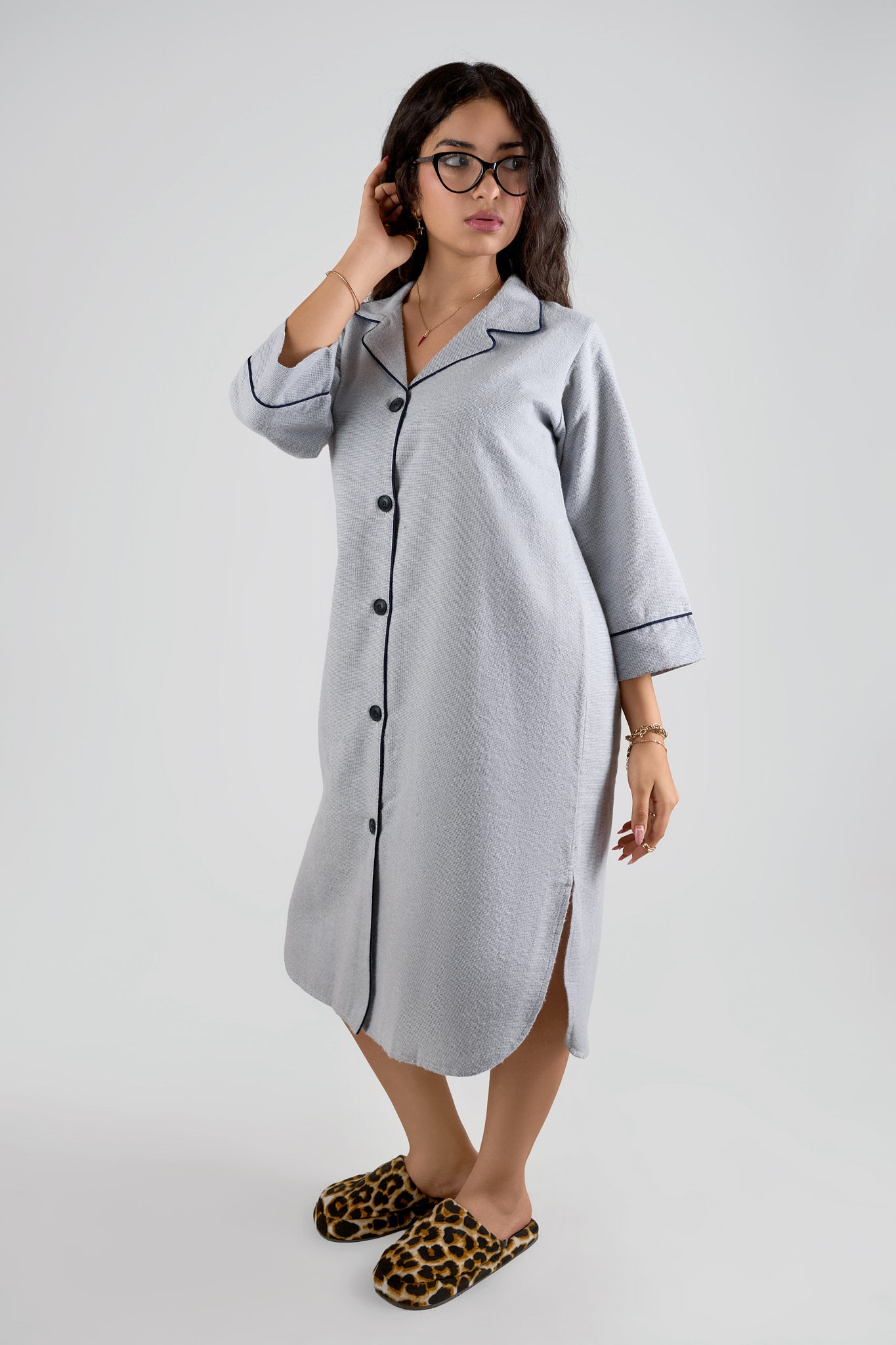 Ash Blue Botton-Down Night Dress