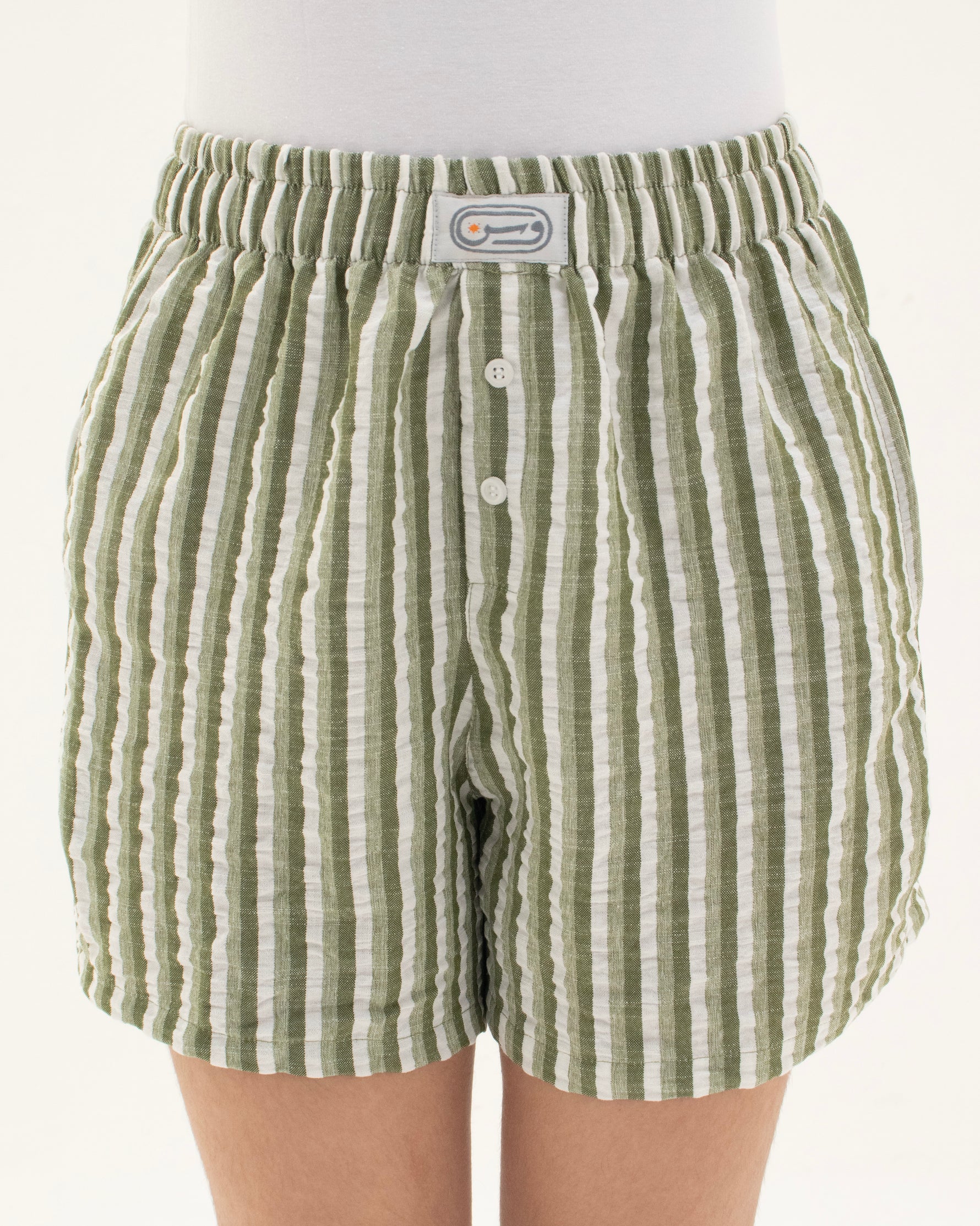 Green Cotton Striped Pajama Short
