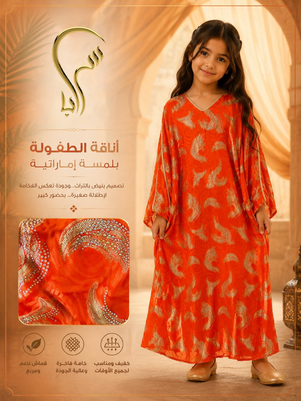 Orange Dress with Gold Pattern Kids