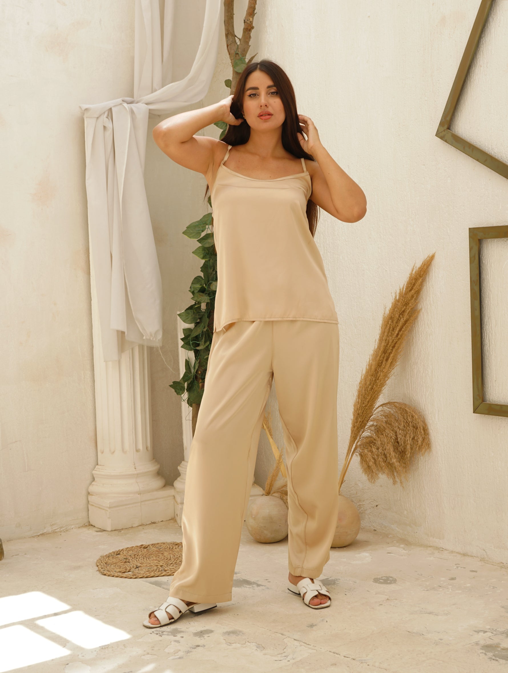 Champagne Satin Pajama Set with Matching Robe