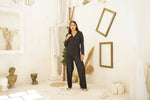Long Sleeve Satin Plain Black Warm Pyjama Set