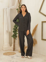 Long Sleeve Black Satin Pajama Set with Robe