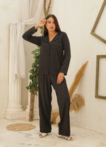 Long Sleeve Satin Plain Black Warm Pyjama Set