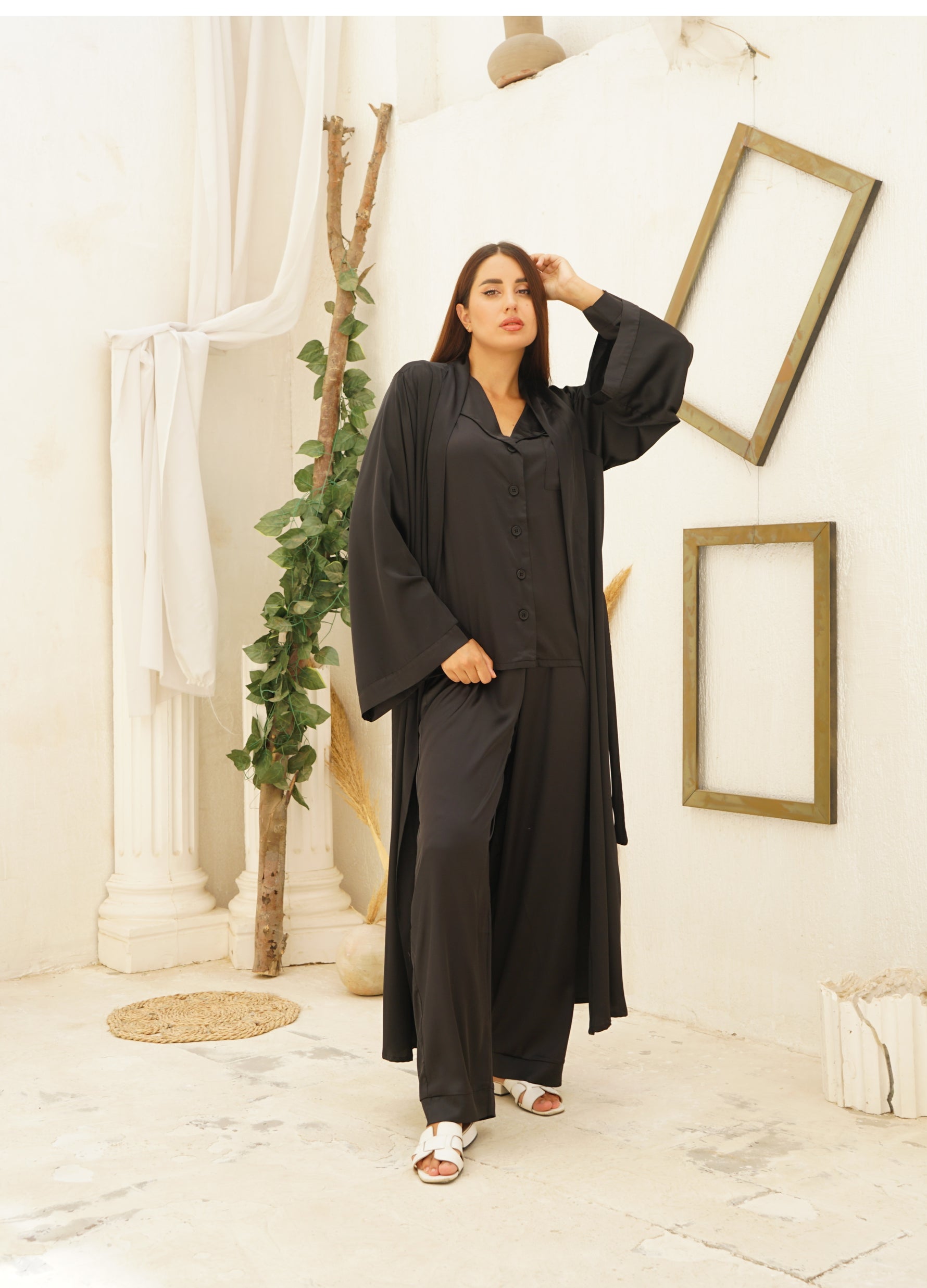 Long Full Length Black Silky Satin Warm Wrap Robe