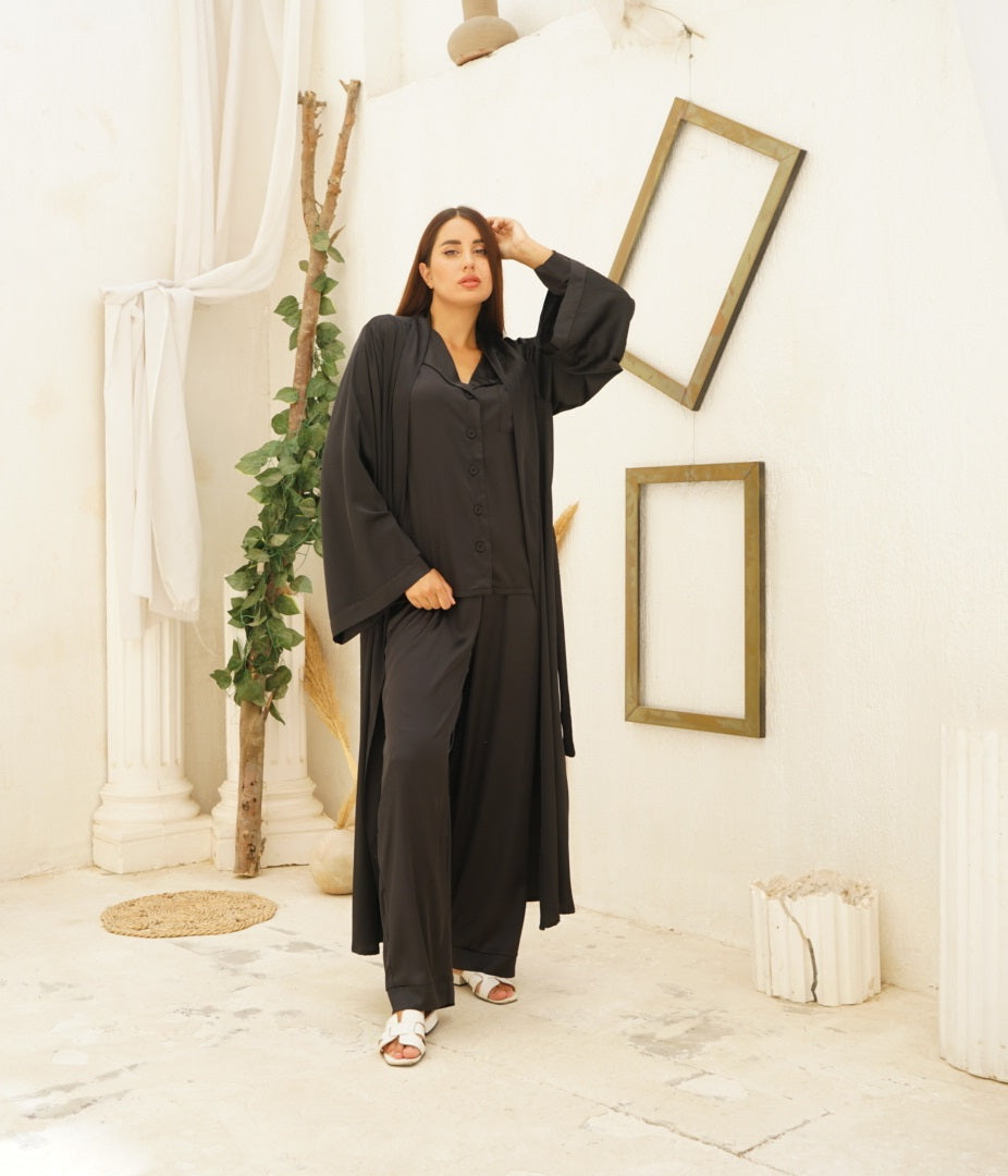 Long Sleeve Black Satin Pajama Set with Robe
