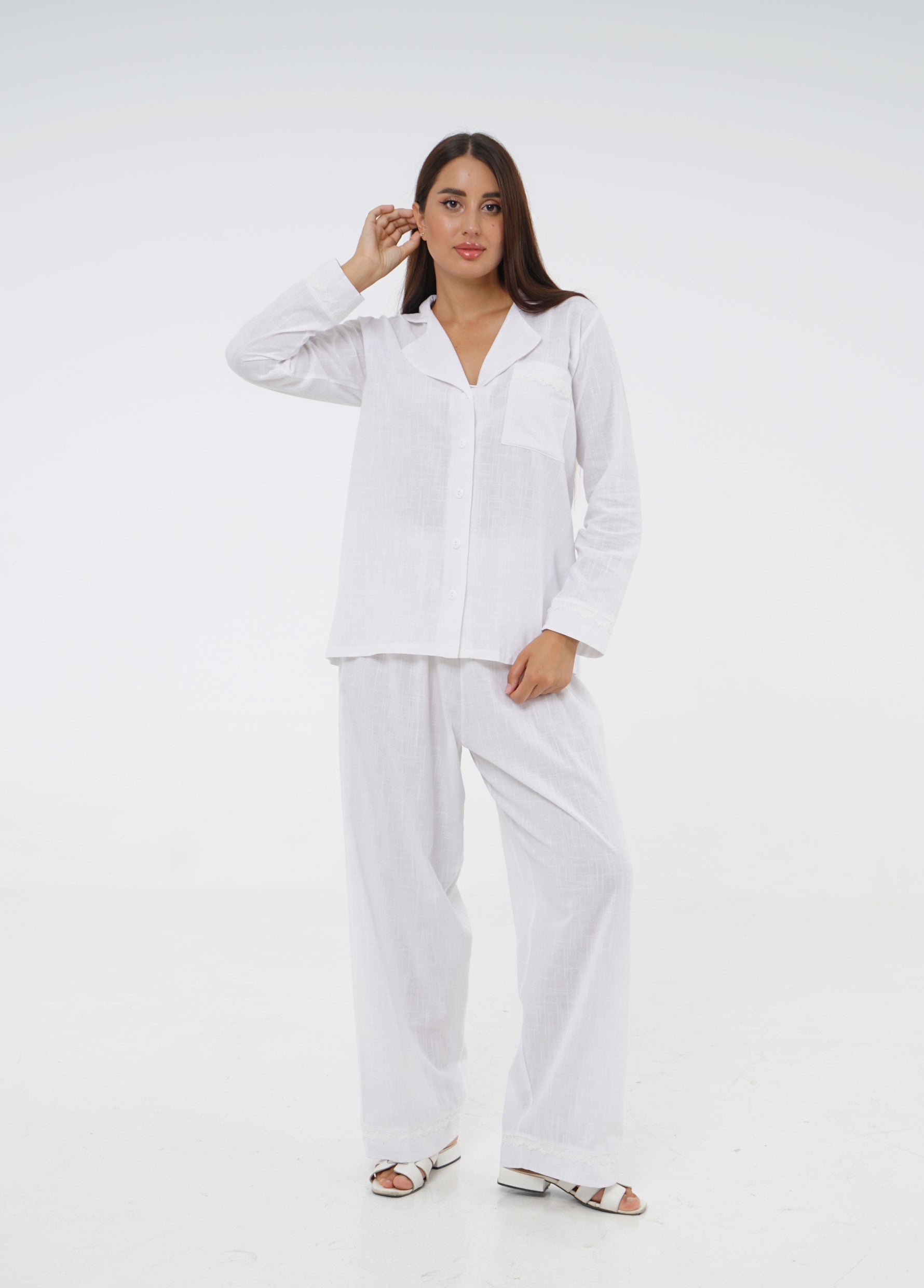 White Linen Long Sleeve Pajama Set