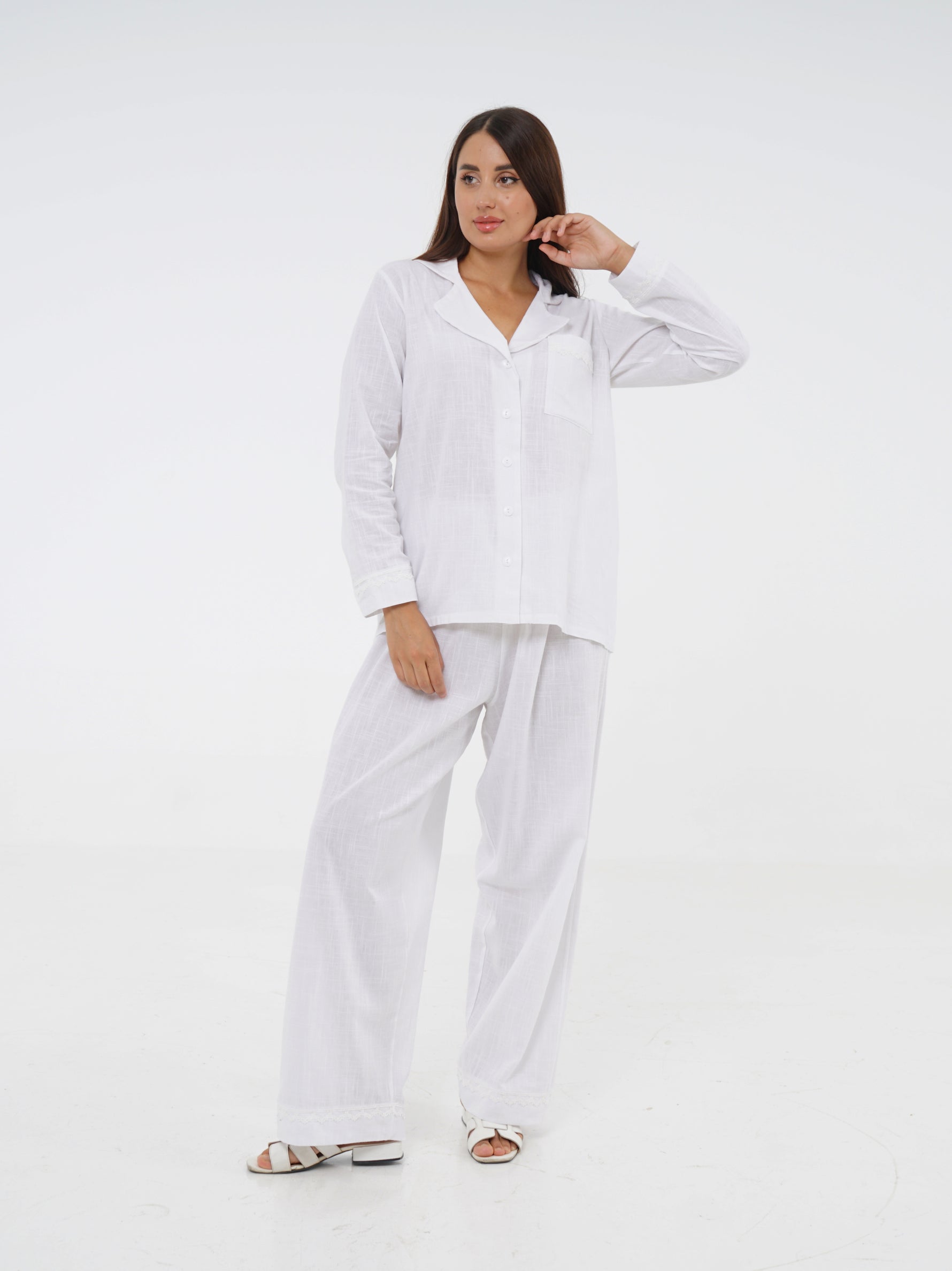 White Linen Long Sleeve Pajama Set