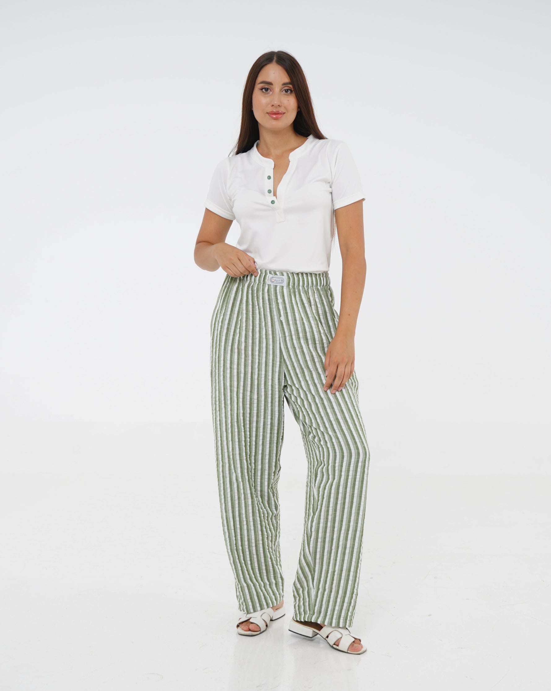 Green Cotton Striped Pajama Pants