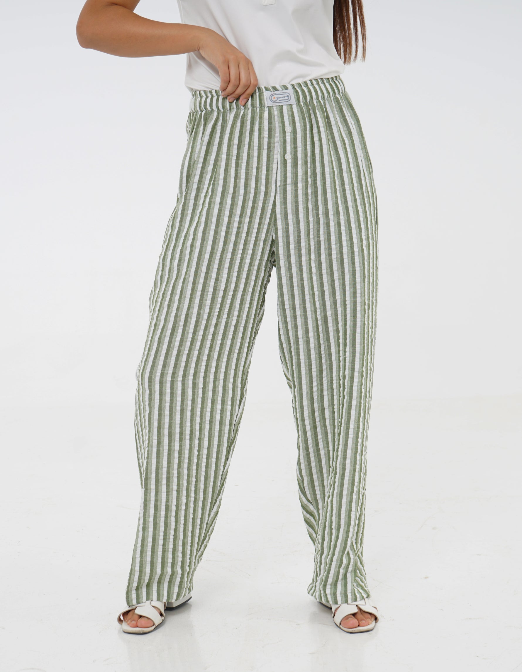 Green Cotton Striped Pajama Pants