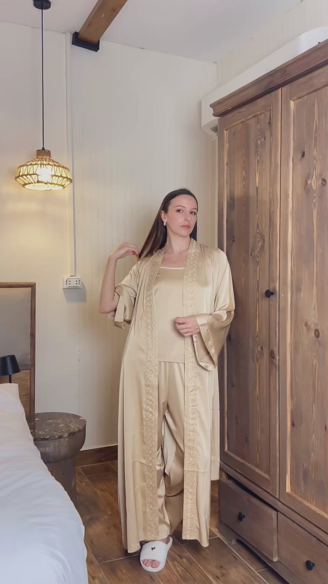 Champagne Satin Pajama Set with Matching Robe